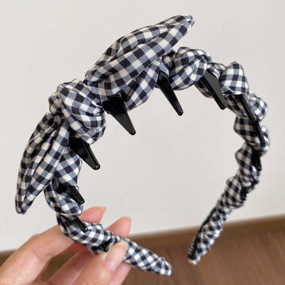 Plaid Bow Hair Comb Headband for Women High Crown