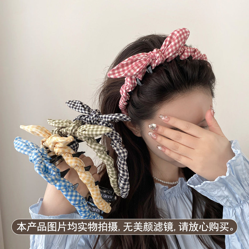 Plaid Bow Hair Comb Headband for Women High Crown
