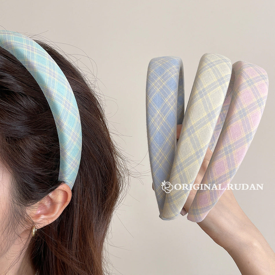 Korean Plaid Wide Headband for Women High Crown Hairband