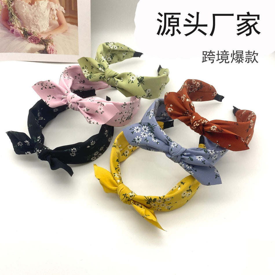 Floral Bow Knot Wide Headband for Women Fabric Hairband