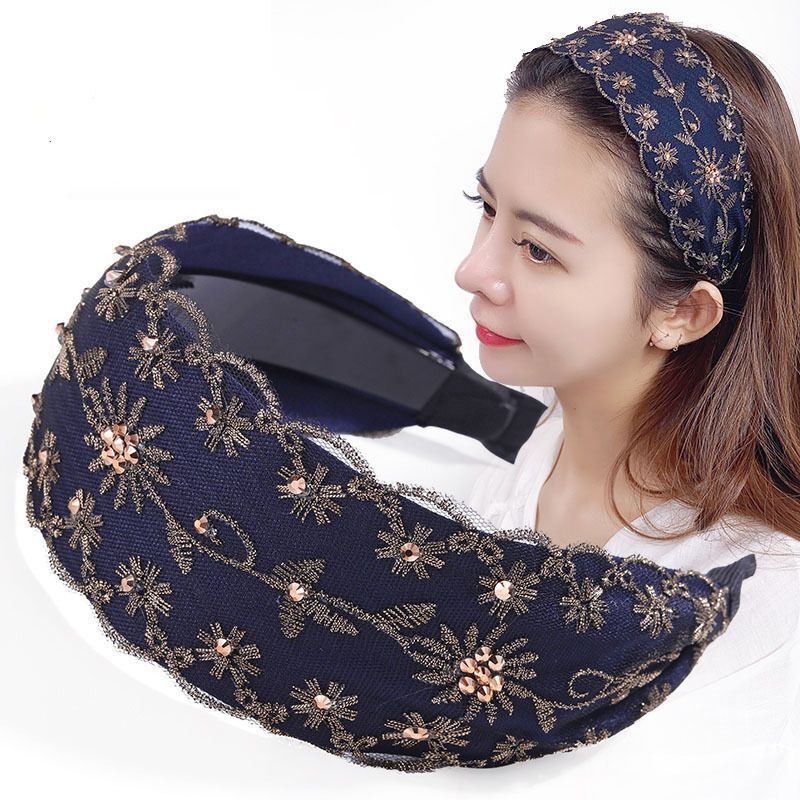Korean Embroidered Crystal Wide Headband for Women