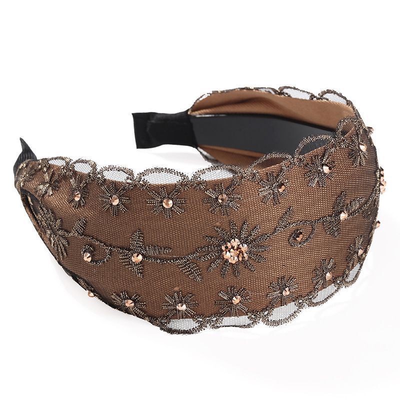 Korean Embroidered Crystal Wide Headband for Women