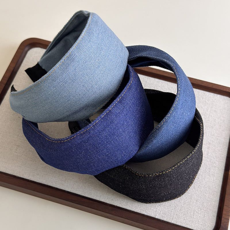 Korean Denim Plaid Wide Headband for Women Hair Accessory
