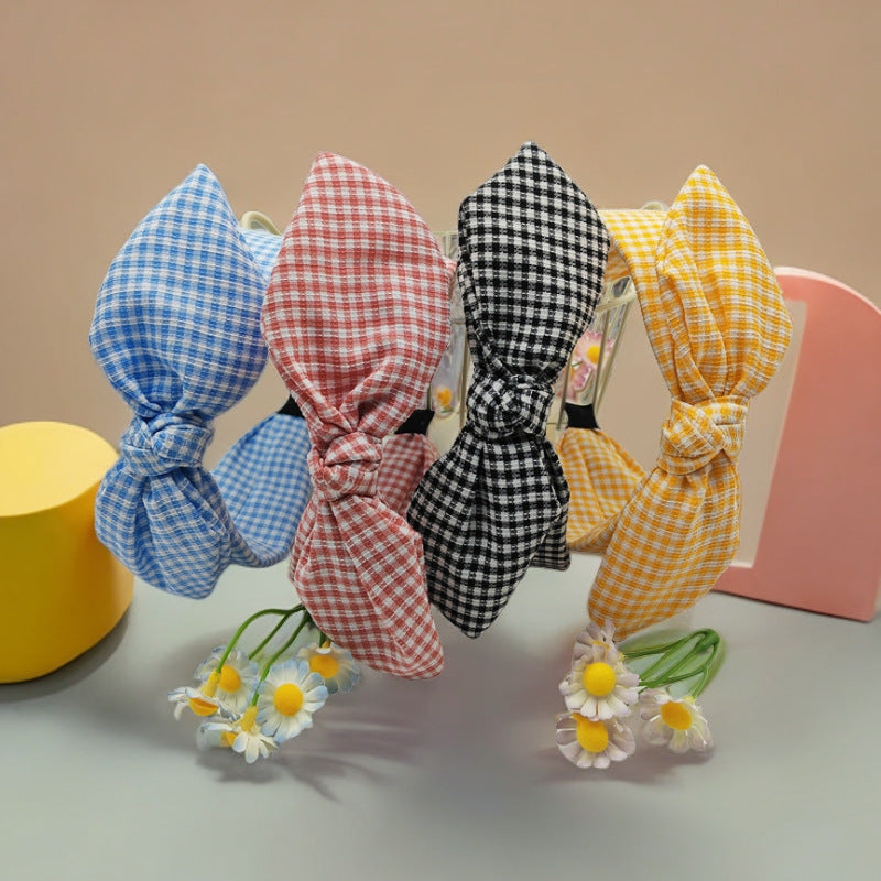 Korean Plaid Rabbit Ear Wide Headband for Women Hair Hoop