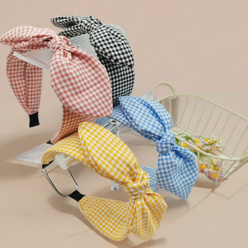 Korean Plaid Rabbit Ear Wide Headband for Women Hair Hoop