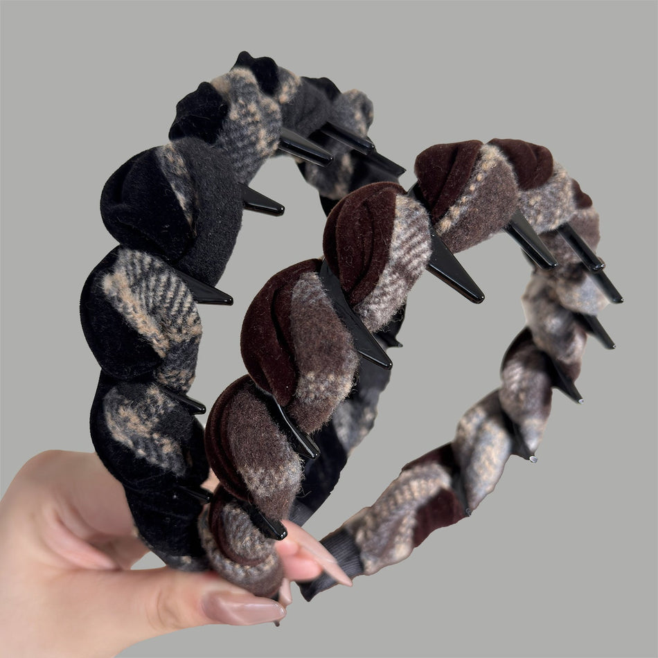 Vintage Velvet Plaid Toothed Headband for Women Hairband