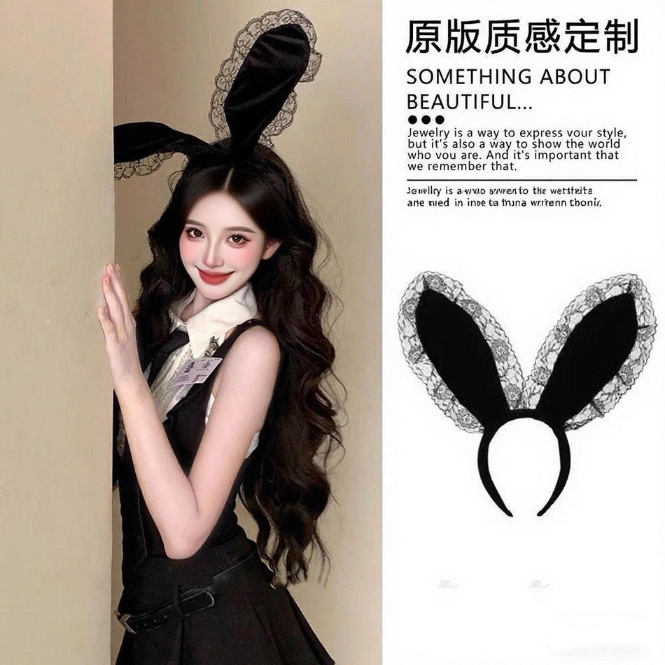 Black Lace Bunny Ear Headband for Women Costume Accessory