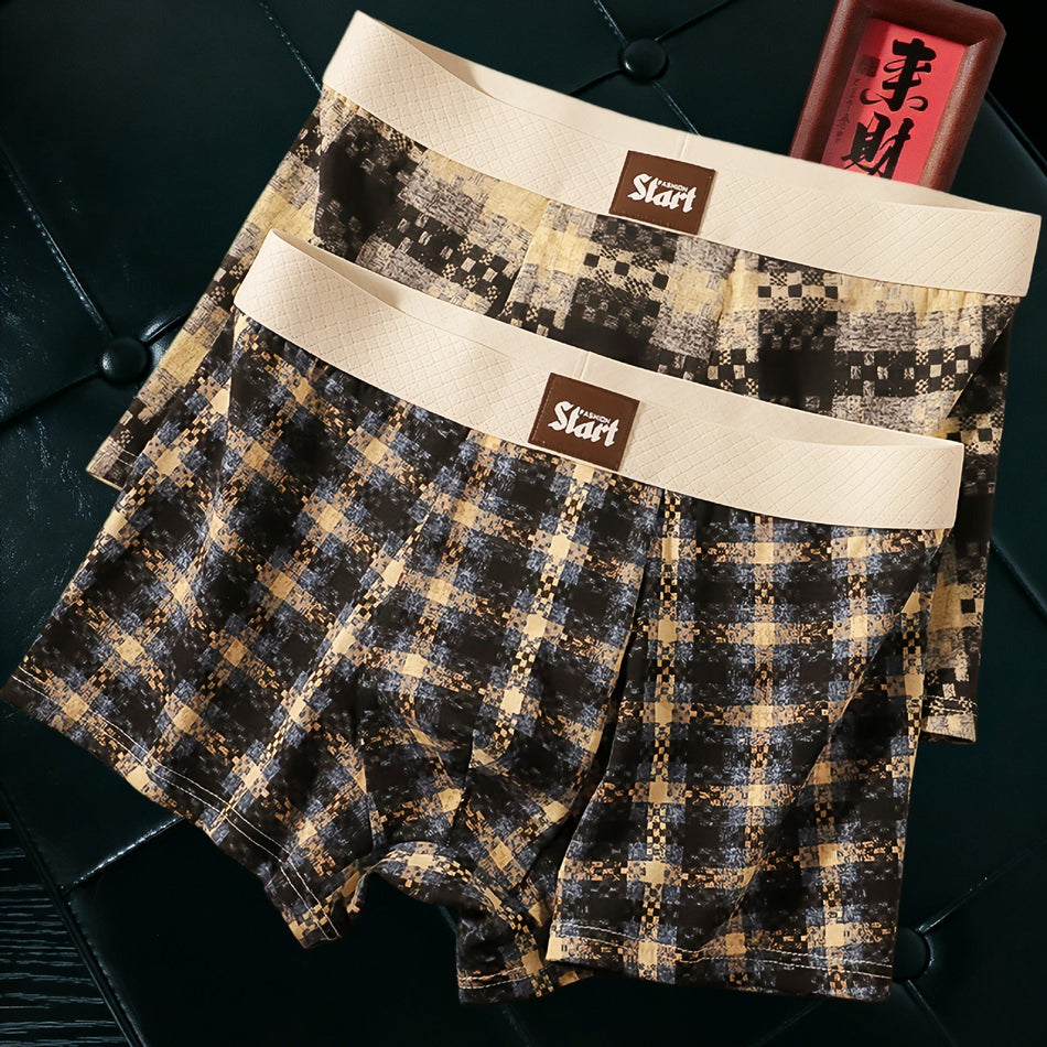 Men's Pure Cotton Plaid Boxer Briefs, Breathable 2-Pack