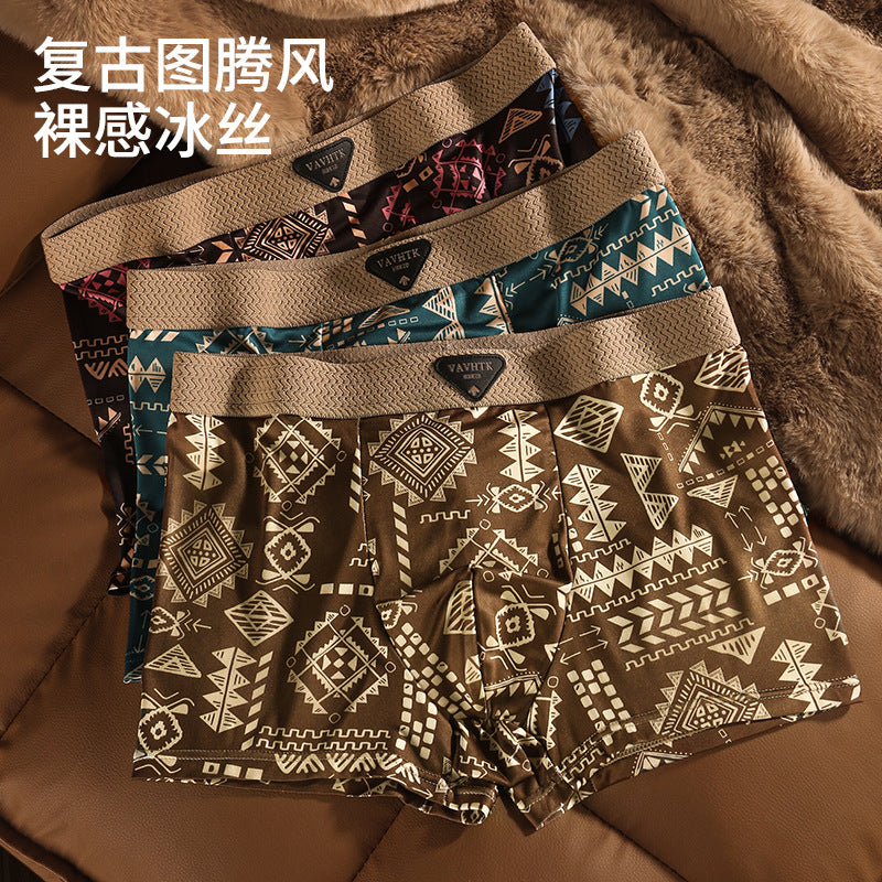 Men's Ice Silk Loose Fit Boxer Briefs, Breathable Patterned