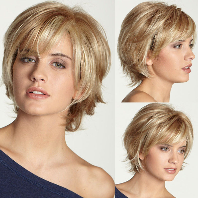 Light Golden Short Straight Wig with Curled Ends for Women