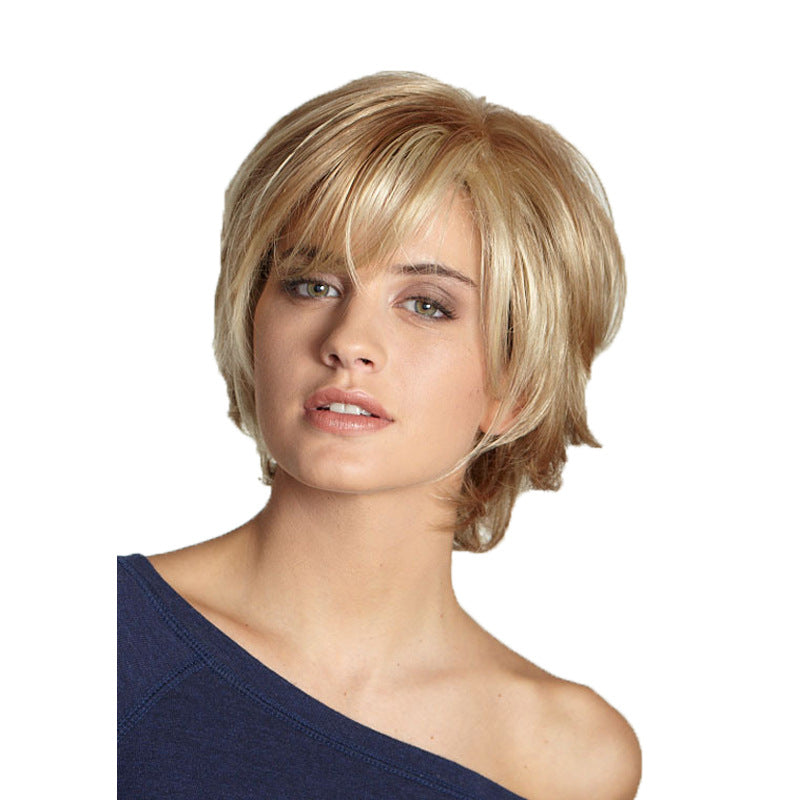 Light Golden Short Straight Wig with Curled Ends for Women