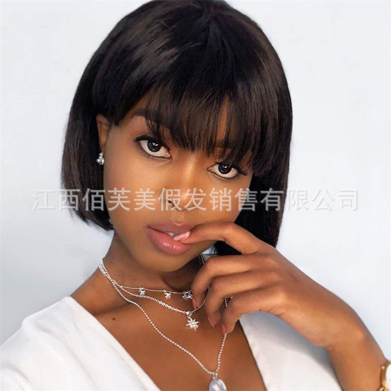 Short Bob Wig with Neat Bangs Natural Look for Women