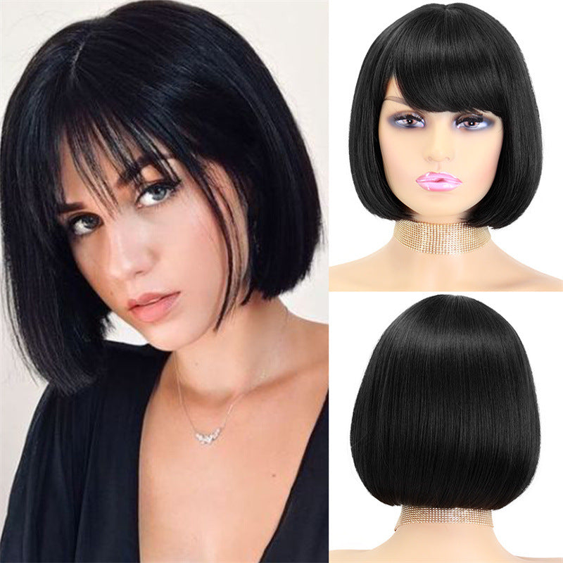 Women's Black Bob Wig with Neat Bangs Short Straight Hair