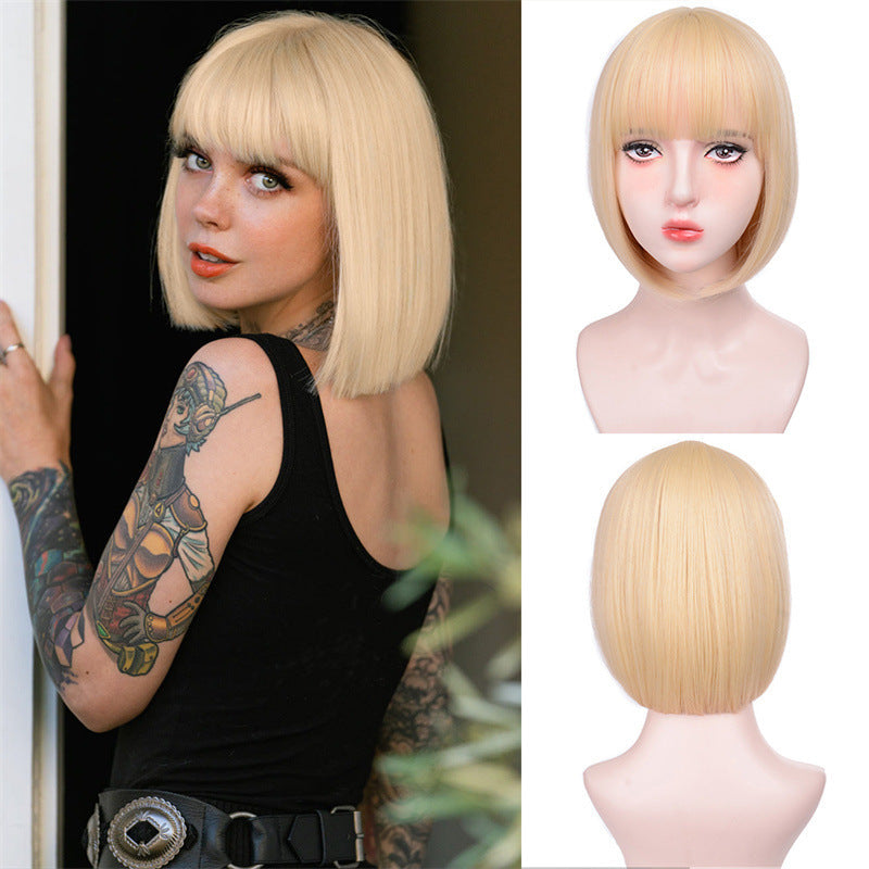 Women's Black Bob Wig with Neat Bangs Short Straight Hair