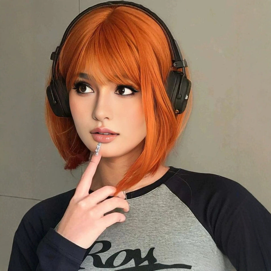 Women's Short Bob Wig with Air Bangs and Curved Ends