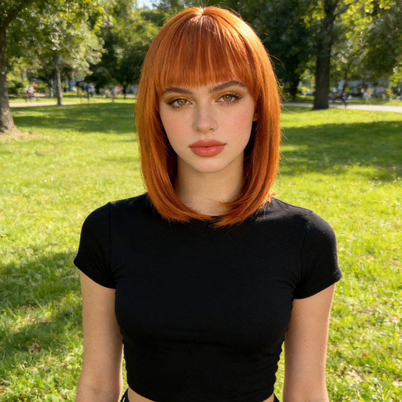Women's Orange Shoulder-Length Straight Wig Full Cap Design