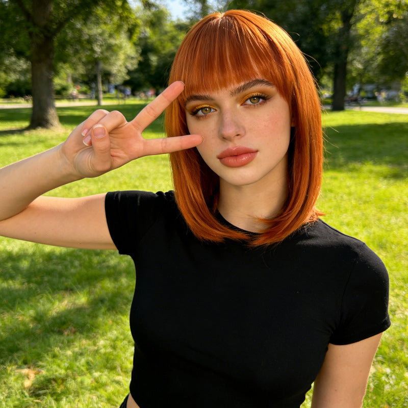 Women's Orange Shoulder-Length Straight Wig Full Cap Design