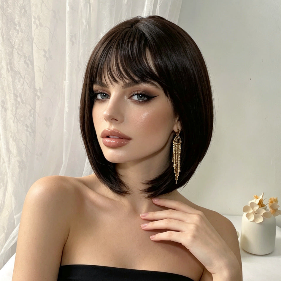 Women's Shoulder-Length Bob Wig with Neat Bangs