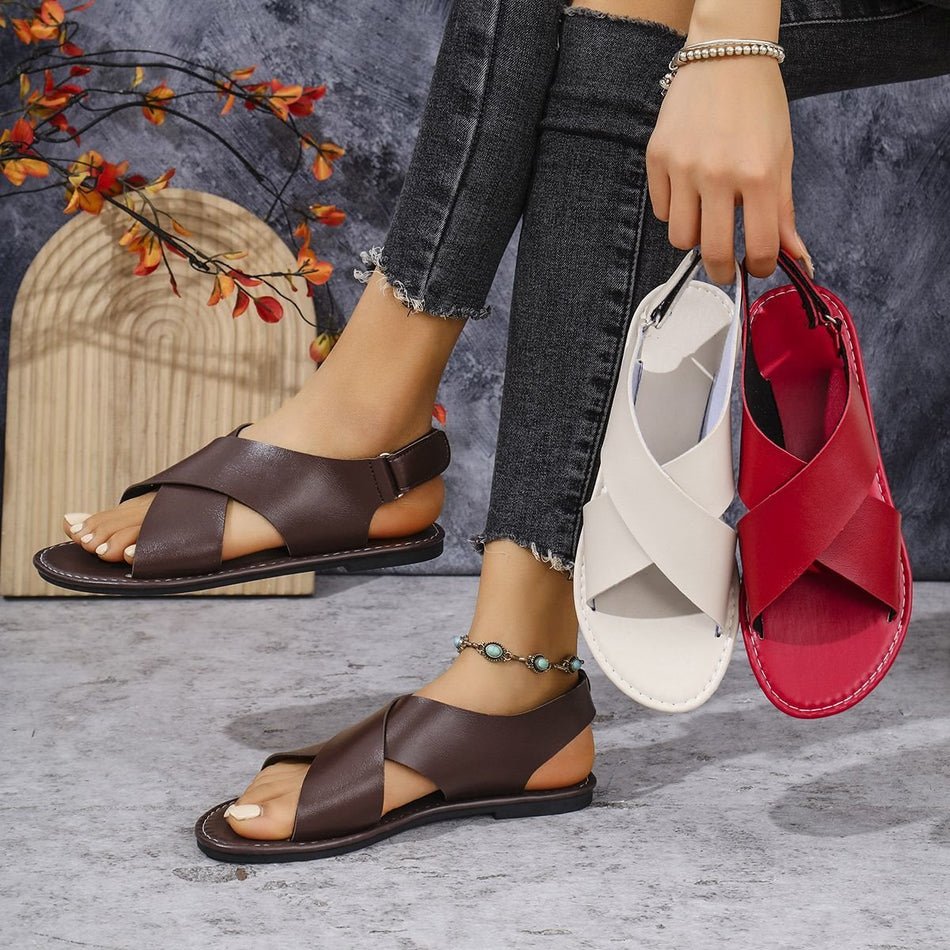 Women's Cross Strap Flat Roman Sandals with Open Back