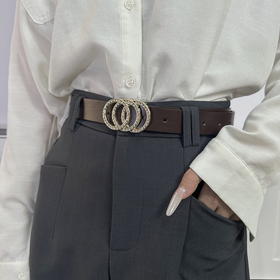 Women's Vintage Gold Rhinestone Triple-Ring Buckle Belt for Jeans
