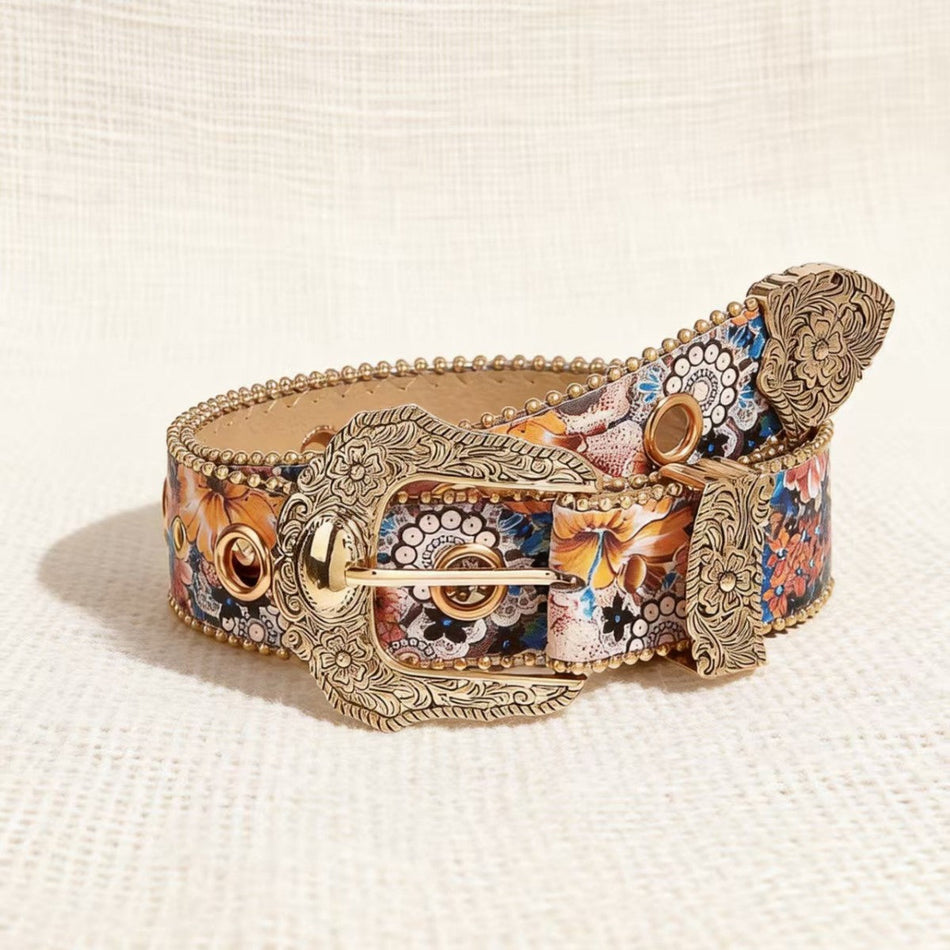Women's Floral Print Belt with Gold Beaded Accents
