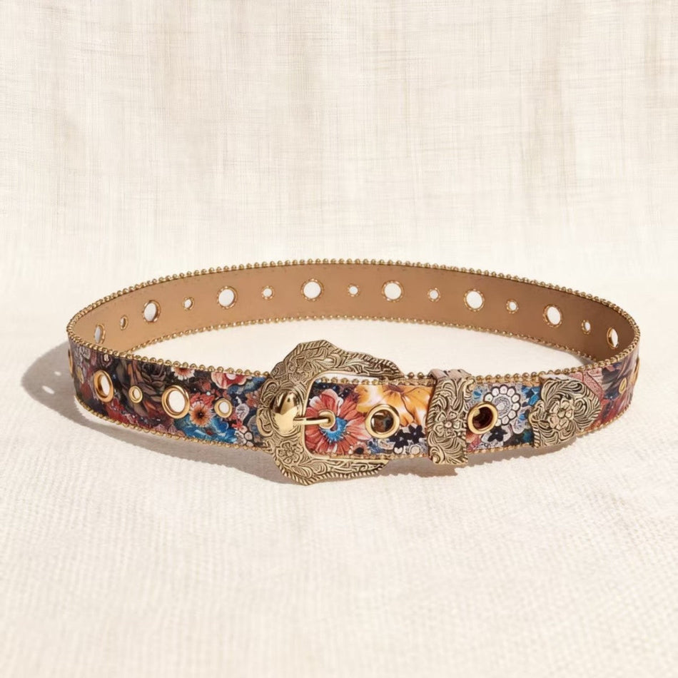 Women's Floral Print Belt with Gold Beaded Accents