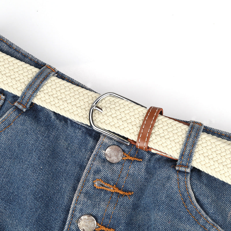 Unisex Braided Elastic Canvas Belt with Pin Buckle for Jeans