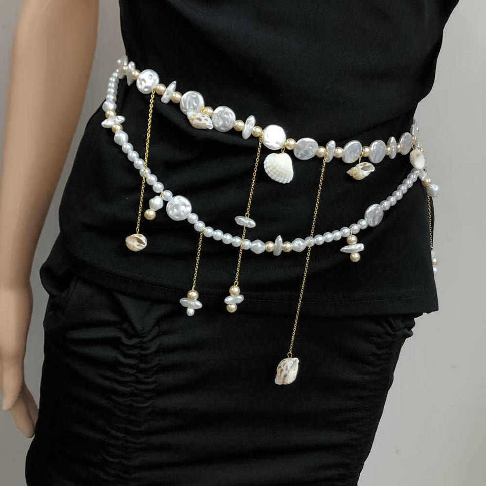 Women's Shell & Pearl Waist Chain, Convertible Body Chain