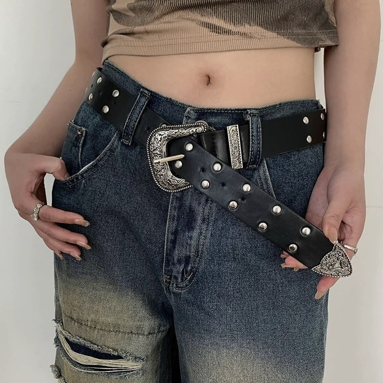 Women's Y2K Double Row Rivet Carved Belt for Jeans