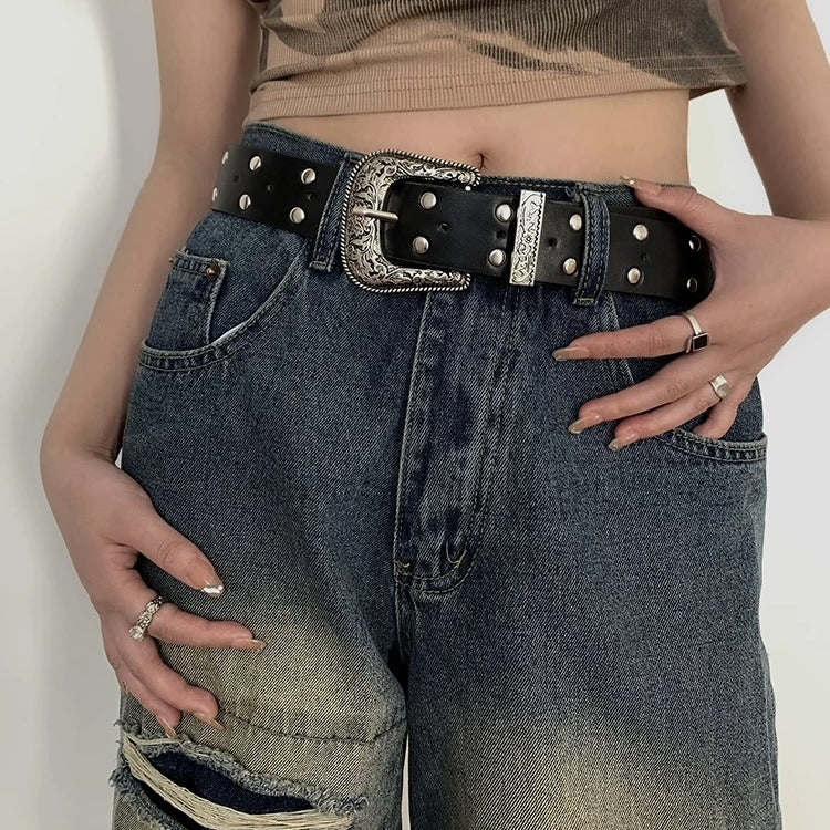 Women's Y2K Double Row Rivet Carved Belt for Jeans