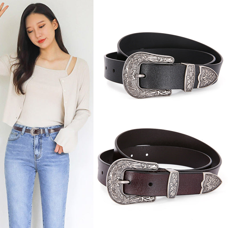 Women's Genuine Cowhide Leather Belt, Korean Style Jeans Belt