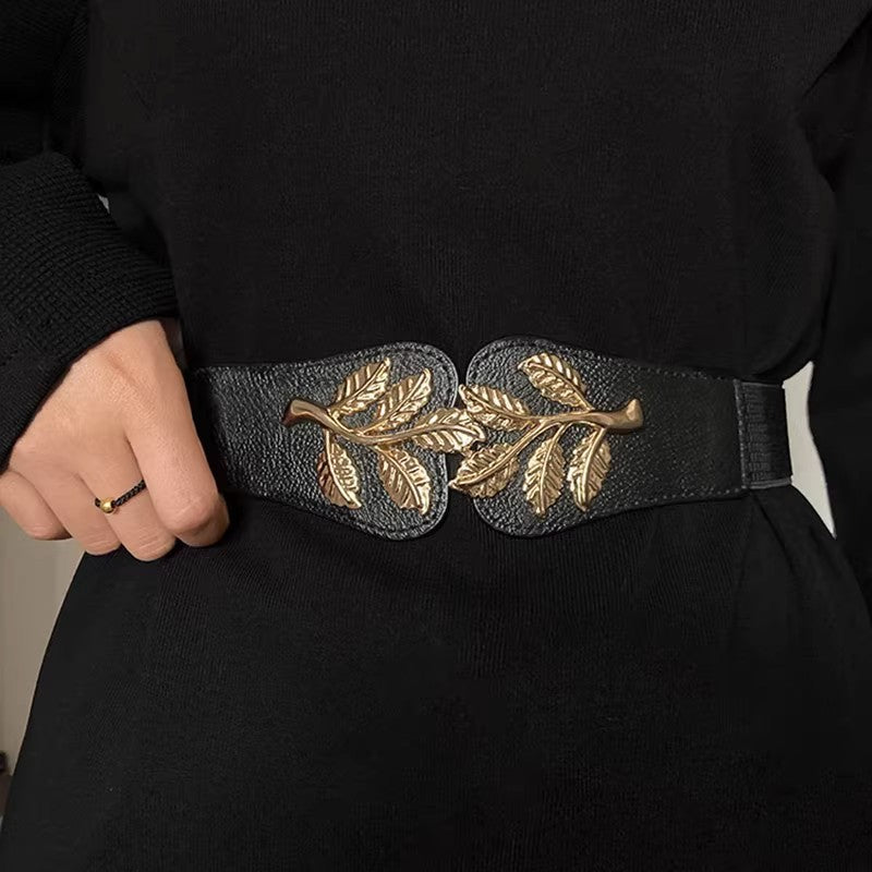 Women's Wide Elastic Metal Leaf Waist Belt for Fashion Styling