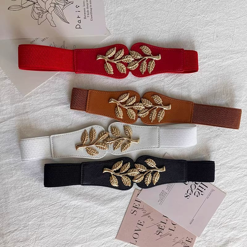Women's Wide Elastic Metal Leaf Waist Belt for Fashion Styling