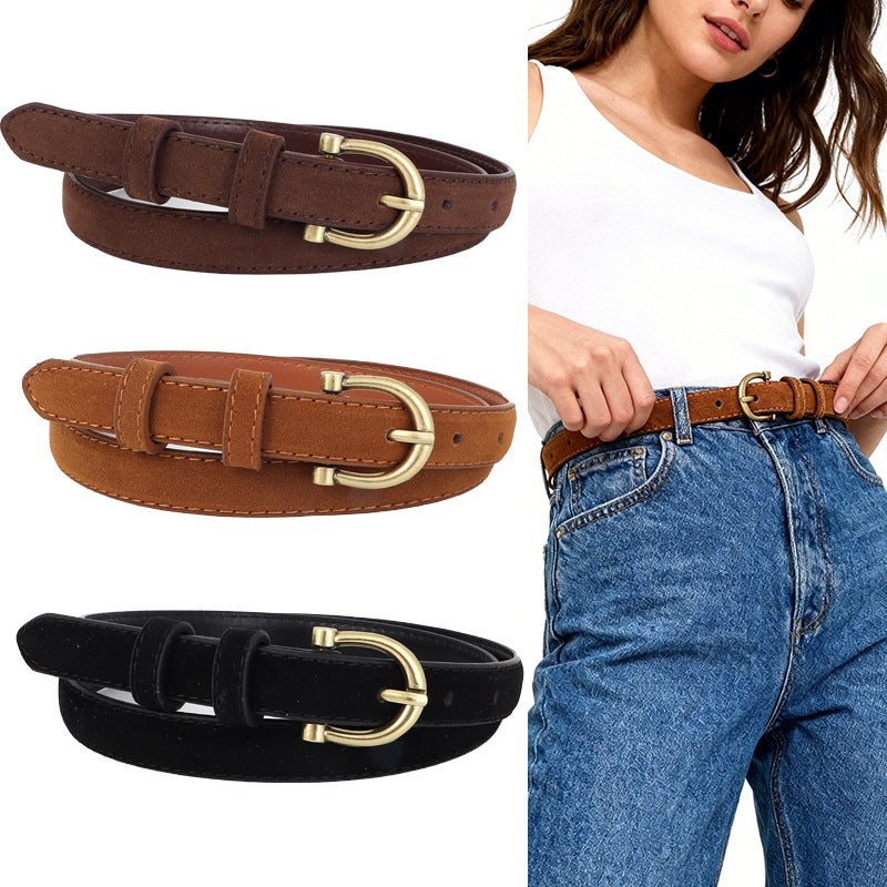 Women's Thin Black Belt with Retro Gold Detail for Jeans