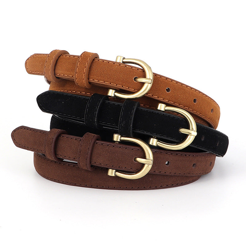 Women's Thin Black Belt with Retro Gold Detail for Jeans