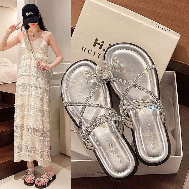 Women's Rhinestone Toe Ring Flat Sandals for Summer