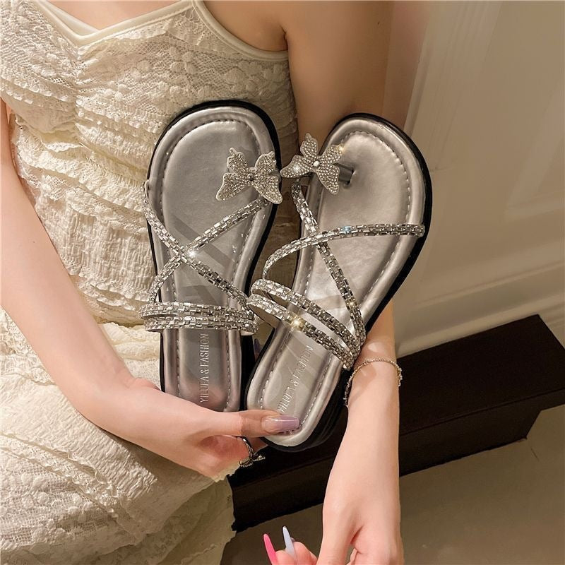 Women's Rhinestone Toe Ring Flat Sandals for Summer