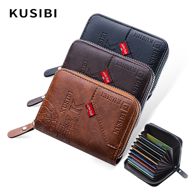 Men's Genuine Leather Accordion Card Wallet with Zipper