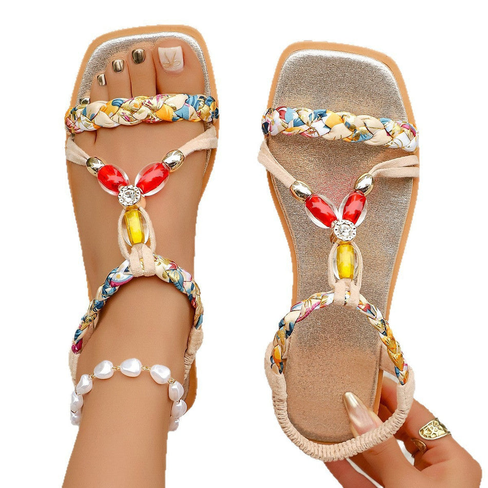 Women's Bohemian Square Toe Sandals with Beaded Rhinestones