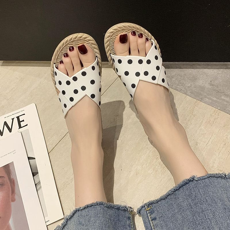 Women's Polka Dot Flat Beach Sandals with Non-Slip Soft Sole