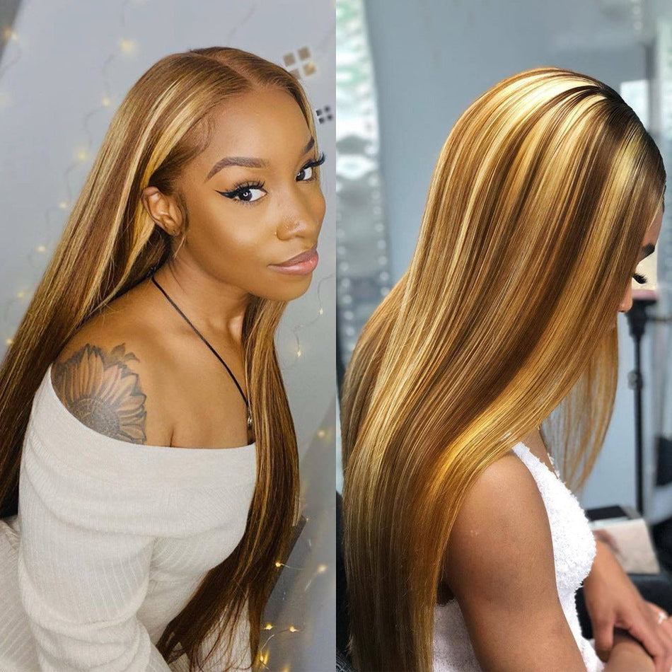 Women's Highlighted Long Straight Wig with Bangs Full Coverage