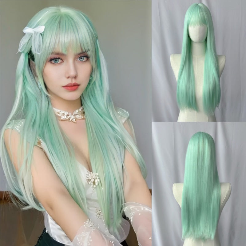 Mint Green Long Straight Wig with Air Bangs Full Coverage