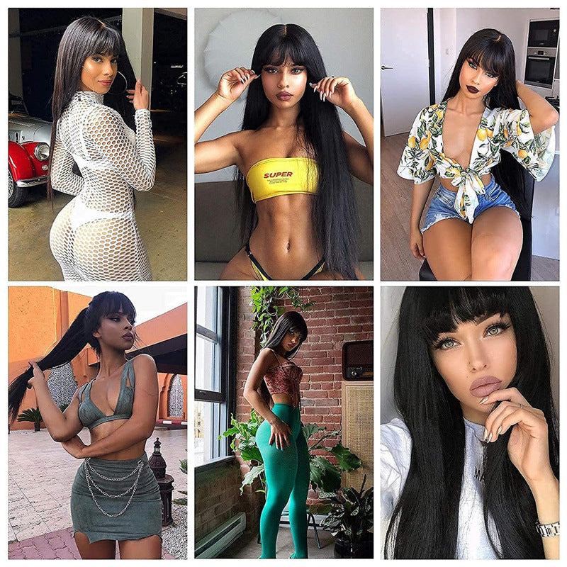 Women's Black Long Straight Wig with Bangs Full Coverage
