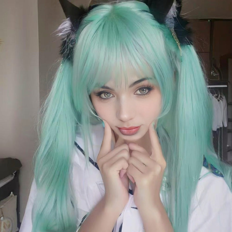 Women's Mint Green Long Straight Wig with Full Bangs