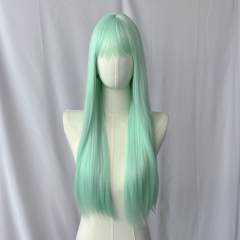 Women's Mint Green Long Straight Wig with Full Bangs