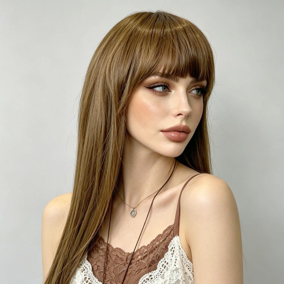 Women's Medium Straight Synthetic Wig with Realistic Scalp