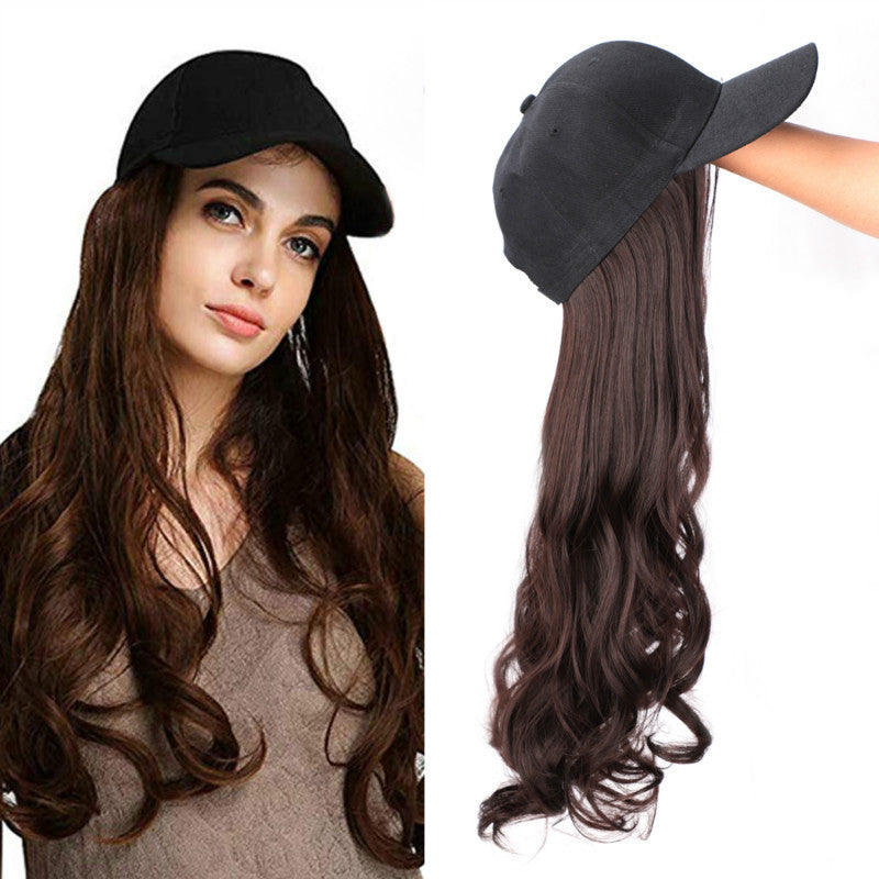 Women's Long Curly Wig with Hat Full Head Coverage