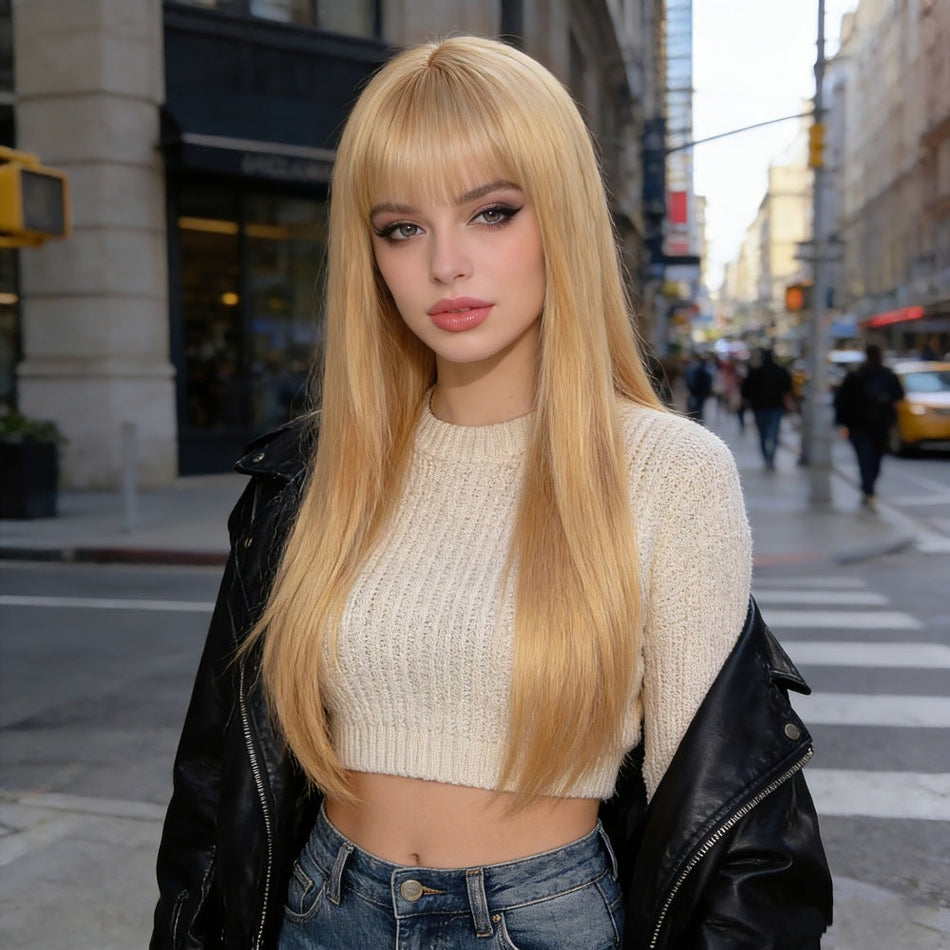 Women's Black Long Straight Wig with Full Bangs