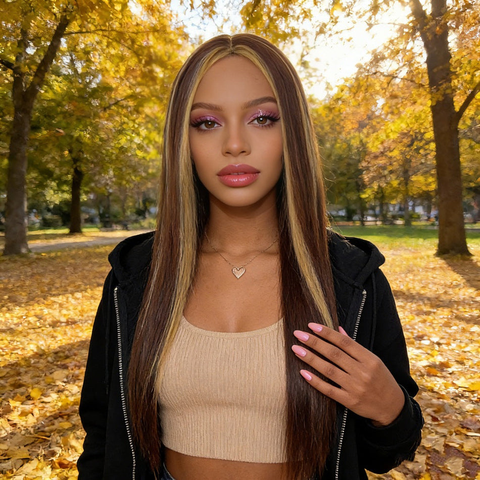 Women's Highlighted Long Straight Wig with Middle Part