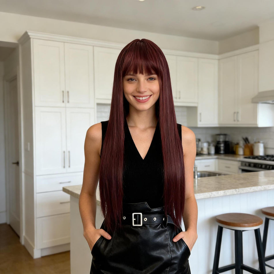 Women's Wine Red Long Straight Wig with Air Bangs